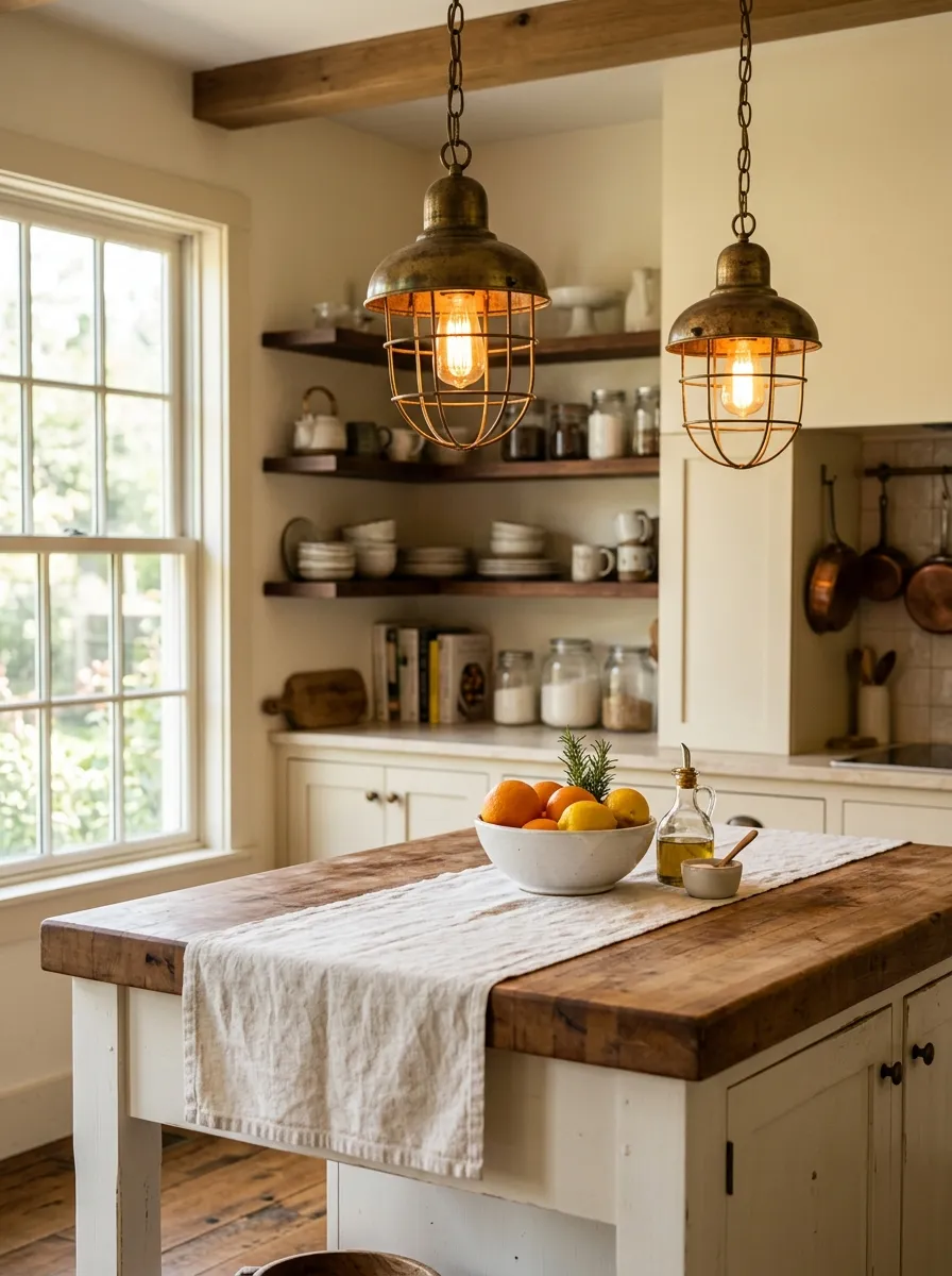 17 Farmhouse Cottage Kitchen Ideas to Master the New Timeless and Cozy Design Aesthetic 4 Aged brass cage pendant lights over a farmhouse kitchen island with butcher block top and cottage kitchen décor