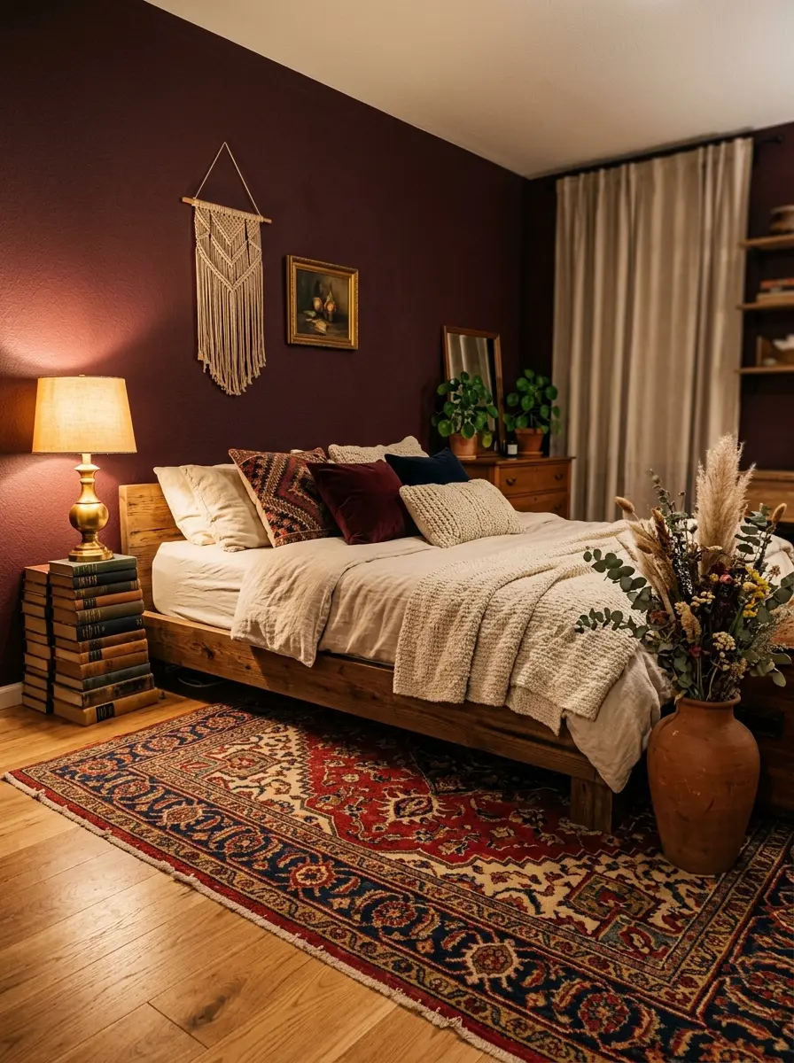 20 Dark Boho Bedroom Ideas That Embrace Moody Colors, Cozy Textures, and Relaxing Nighttime Style 7 A dark Boho bedroom with burgundy walls, a large vintage Persian rug in red and gold, cream bedding, and brass lamp