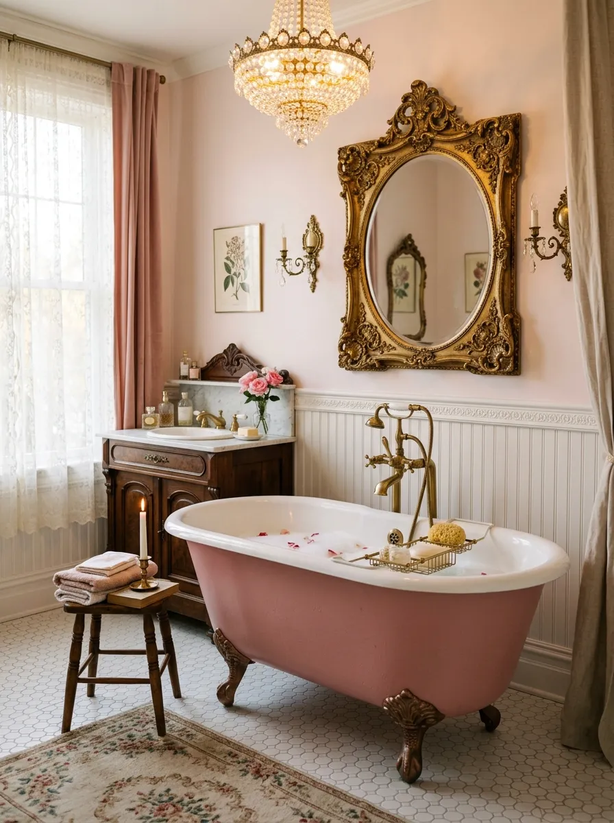 Vintage pink clawfoot bathtub with brass faucet, beadboard walls, and crystal chandelier romantic pink bathroom ideas