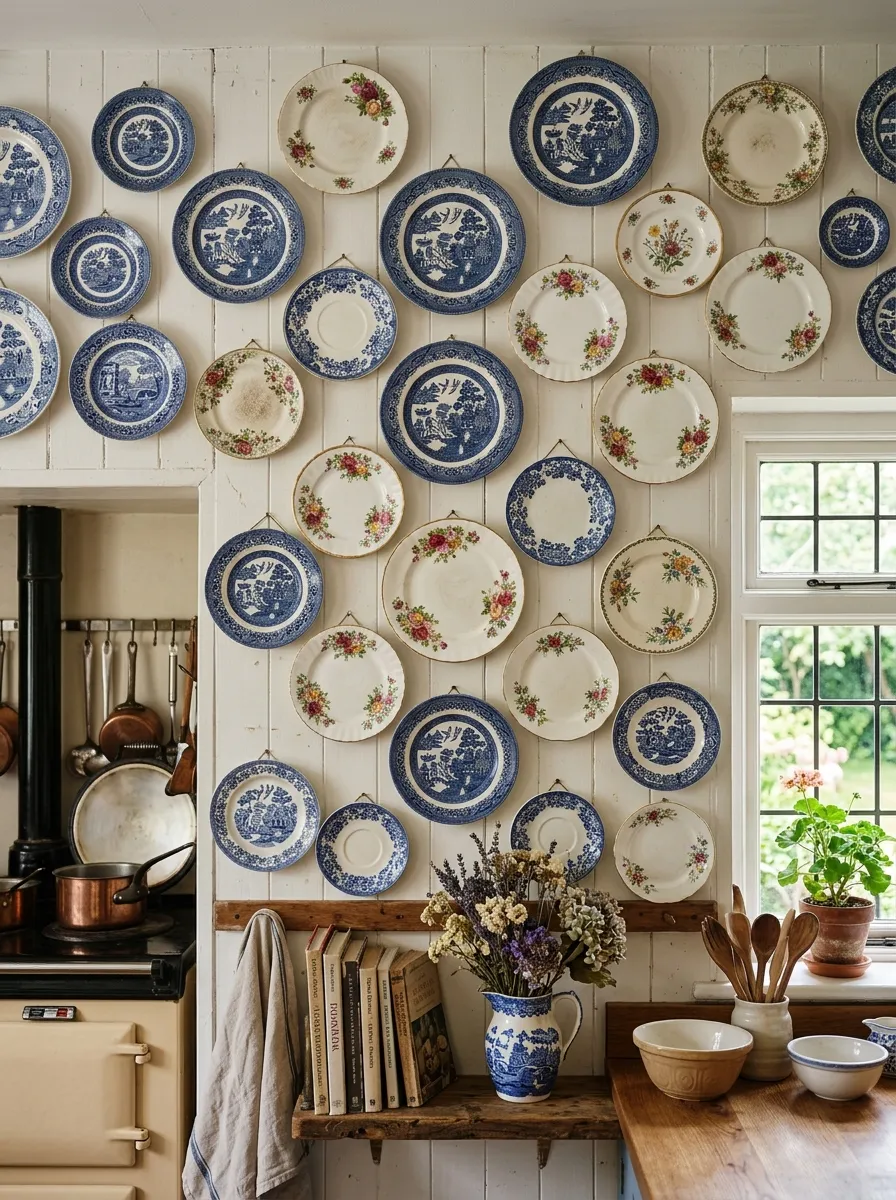 Mismatched antique blue and white transferware plates hung on white shiplap wall in a farmhouse kitchen charm display