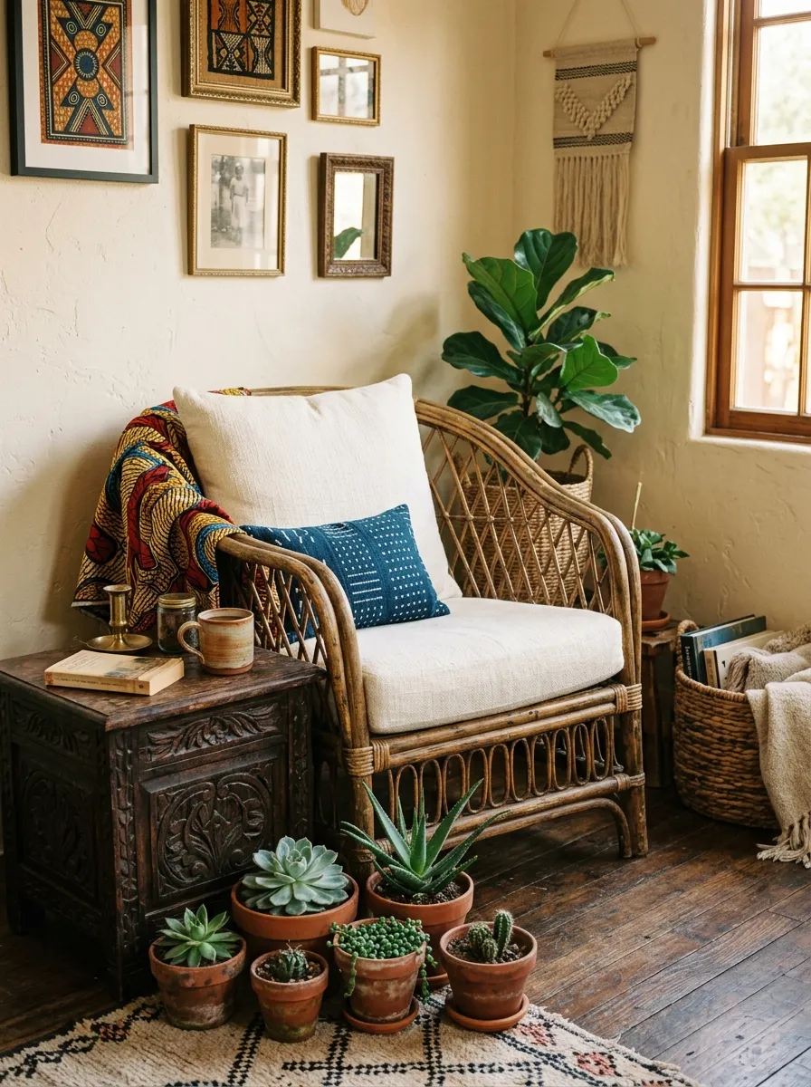 23 Afro Boho Living Room Ideas That Feel Warm, Authentic, Stylish, and Truly Lived In 22 Vintage rattan armchair, thrifted carved side table, and mismatched terracotta pots in an Afro Boho decor corner