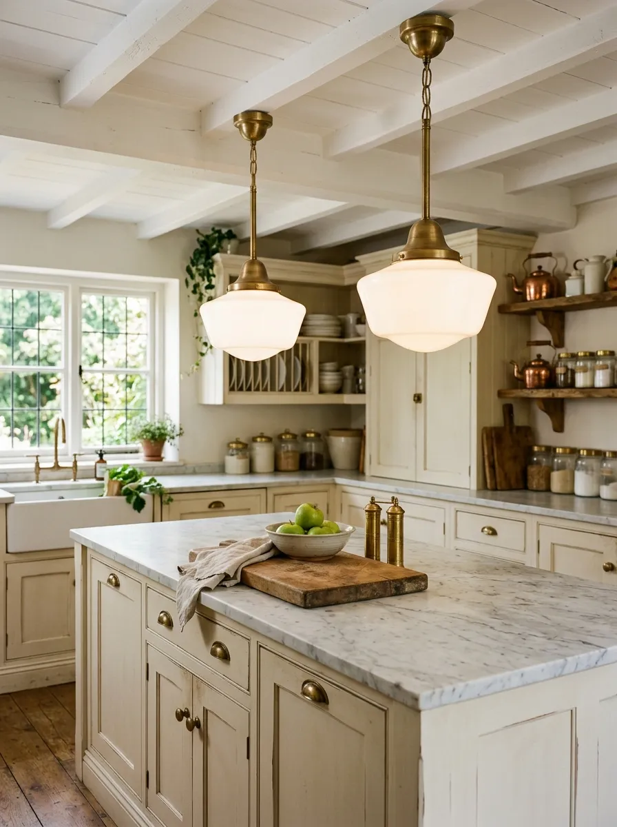 Two vintage schoolhouse pendant lights with brass stems above kitchen island in a cottage kitchen design with cream cabinets