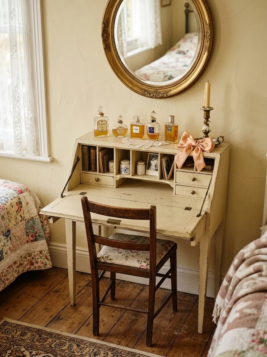 19 Small Bedroom Vanity Ideas to Create an Instagram Worthy Beauty Space With Style 9 Vintage secretary desk vanity with gilt mirror and glass perfume bottles in a charming small bedroom space