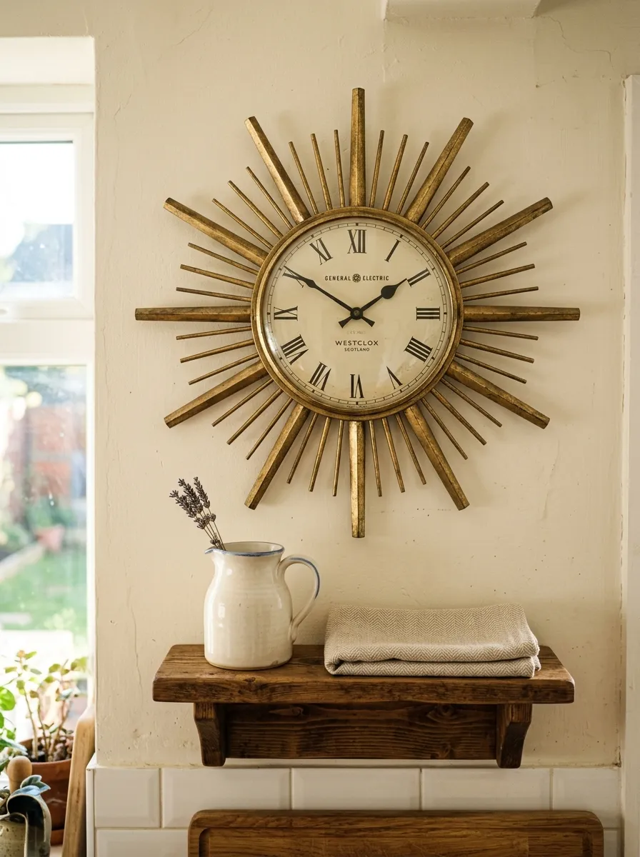 Round gold starburst vintage clock on cream kitchen wall above a small wooden shelf with ceramic jug and linen