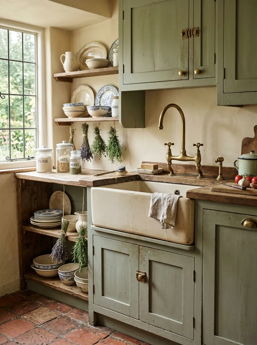 Cream apron front farmhouse sink with weathered sage cabinetry and antique brass bridge faucet in a vintage kitchen