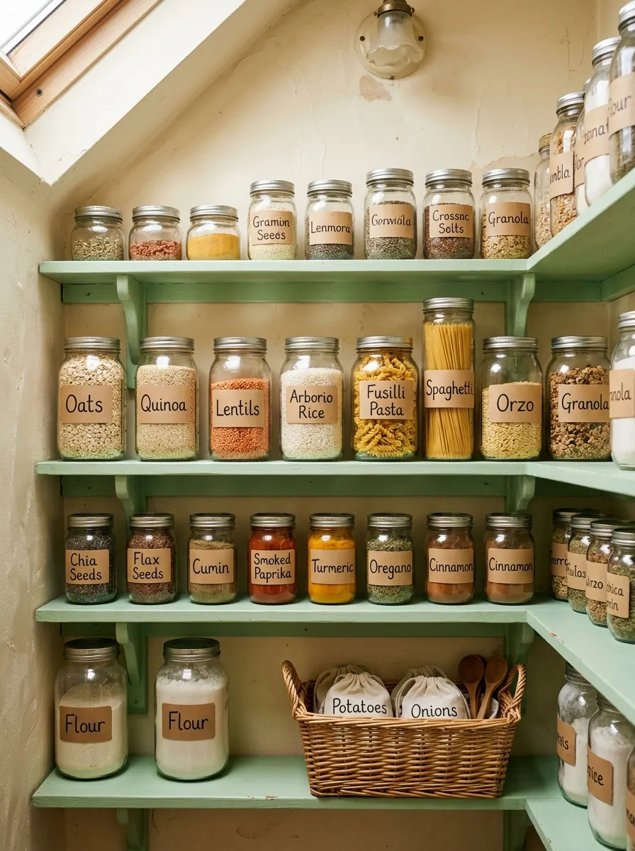 Pastel green pantry shelves with labeled glass mason jars, grains, spices, and a wicker basket in a retro kitchen
