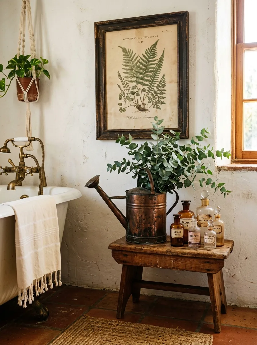 19 Boho Bathroom Ideas That Combine Soft Textures, Natural Details, and Soulful Eclectic Style 19 A Boho bathroom corner with a copper watering can, antique perfume bottles on a wooden stool, and a wooden framed botanical print on white plaster wall in warm light.