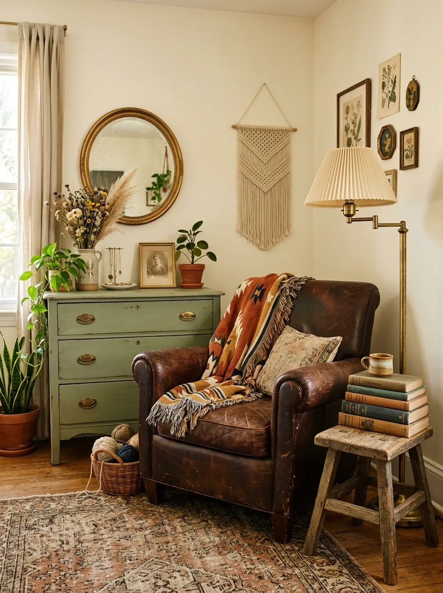 23 Curated Boho Bedroom Ideas for a Cozy, Inviting, and Effortlessly Stylish Retreat 13 Vintage leather armchair, brass floor lamp, and sage green dresser in a thrifted Boho bedroom corner setup