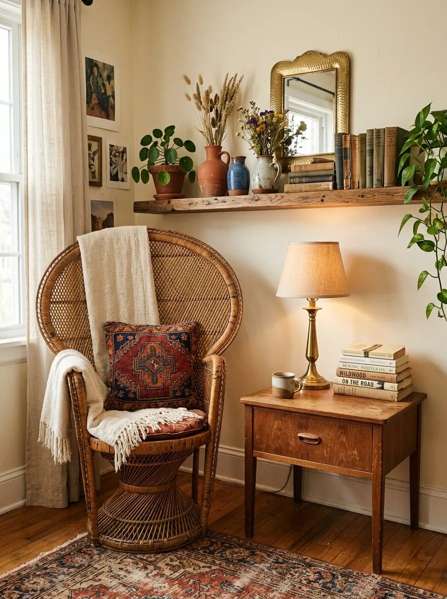 Cozy eclectic living room with vintage rattan chair, mismatched ceramic collection, antique brass mirror, and thrifted Boho styling details