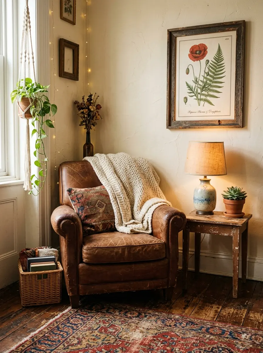 22 Boho Apartment Ideas That Turn Small Spaces Into Soulful, Cozy, and Stylish Sanctuaries 18 A Boho apartment corner with a worn leather armchair, vintage ceramic lamp, botanical illustration, and thrifted wooden table in warm soft light.