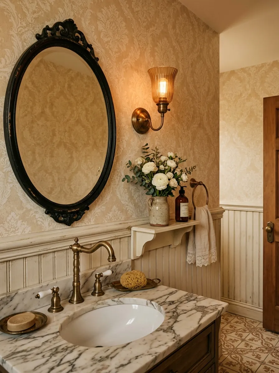 16 Half Bathroom Ideas That Maximize Style, Function, and Impact in a Small Space 5 Vintage half bathroom with cream damask wallpaper, white beadboard wainscoting, black oval mirror, and brass sconce