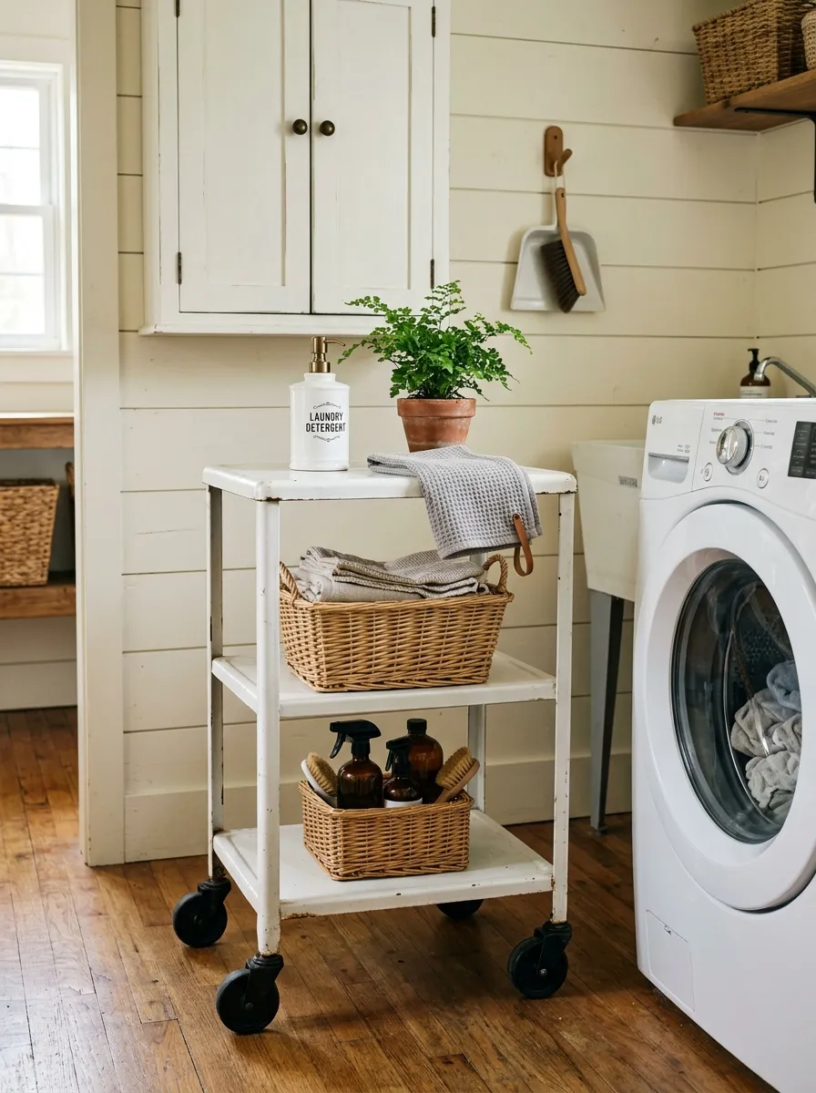 White enamel vintage utility cart with wicker basket and soap dispenser used as a laundry station in a farmhouse laundry room
