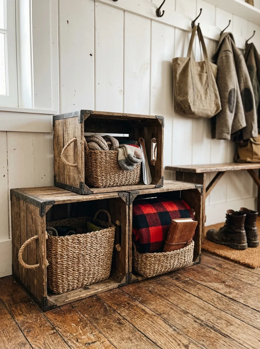 Stacked vintage wood crates with woven baskets and buffalo plaid blanket in rustic entryway ideas for farmhouse storage