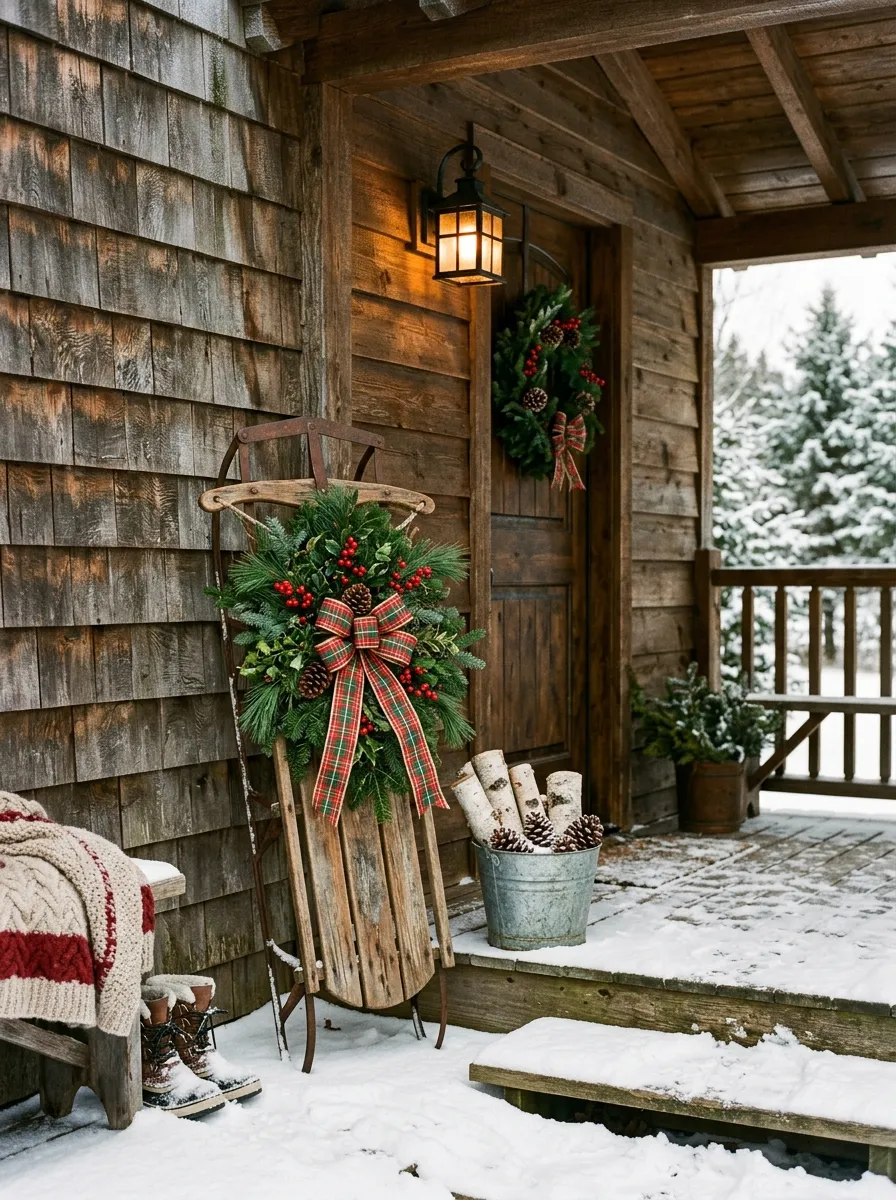 Vintage wooden sled with fresh greenery and plaid bow as rustic outdoor Christmas porch styling near front door