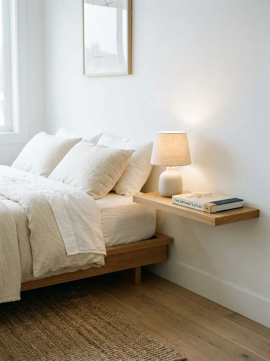 White floating shelf used as a minimalist nightstand beside a low platform bed in a simple bedroom