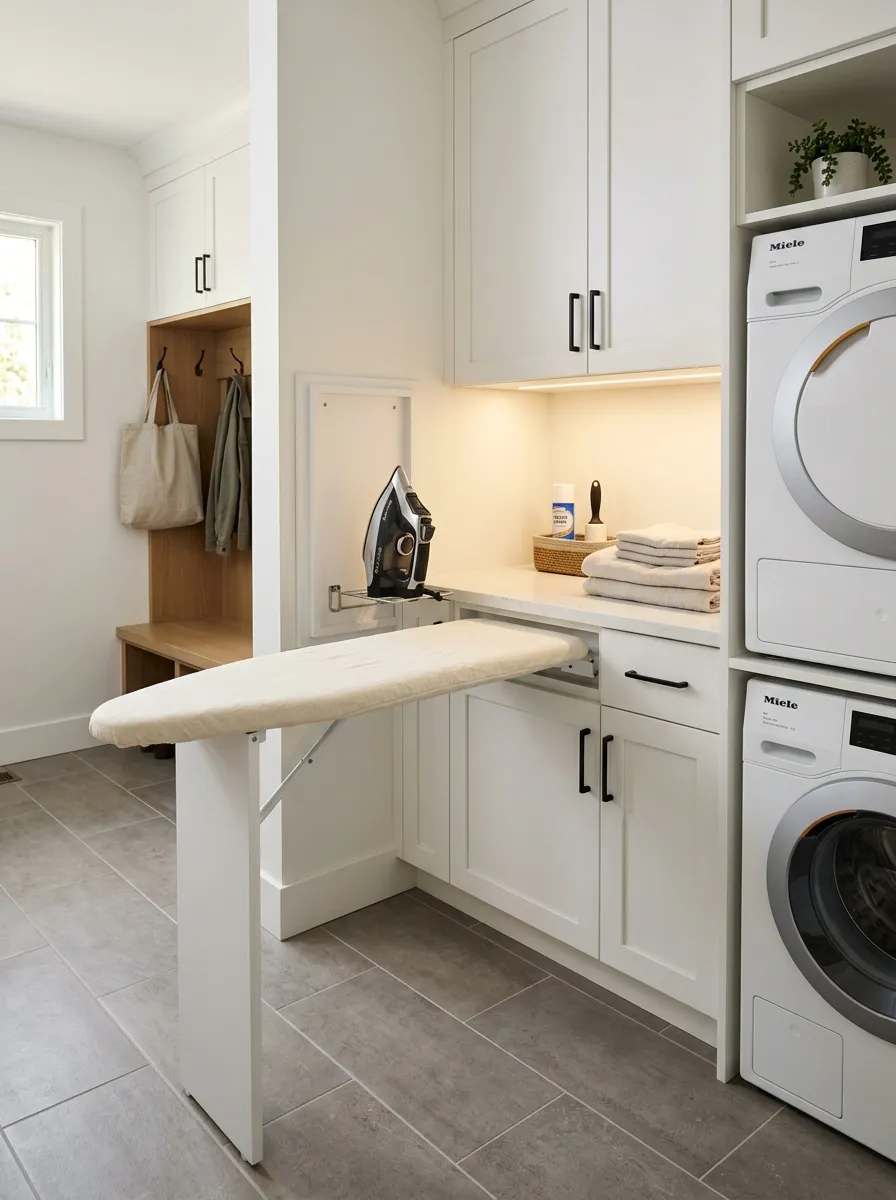 Wall mounted fold down ironing board open inside white mudroom laundry room cabinetry with under cabinet LED lighting