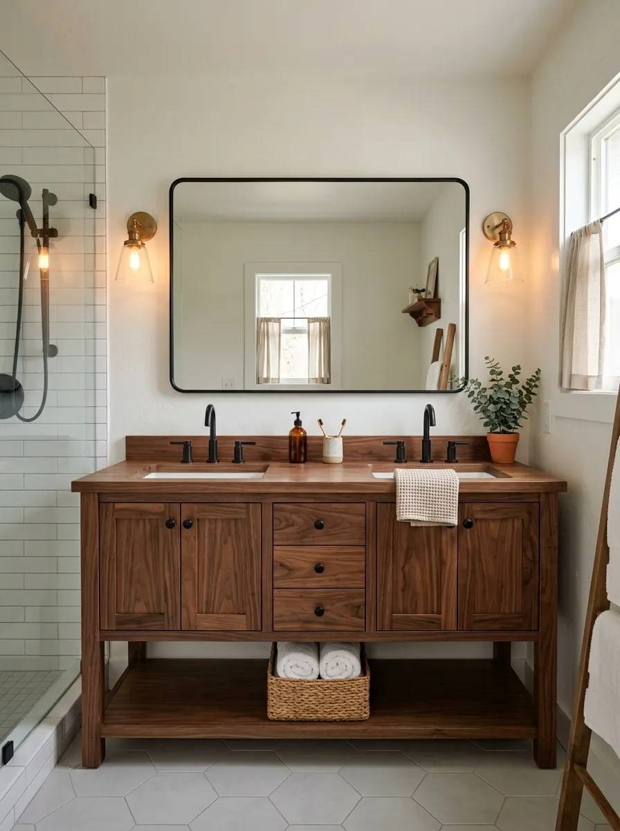 Warm walnut wood double vanity with matte black faucets and white undermount sinks in a farmhouse style bathroom