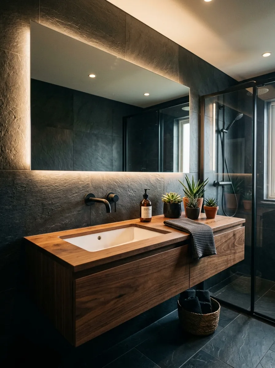 22 Dark Moody Bathroom Ideas for a Bold, Dramatic, and Surprisingly Cozy Modern Space 6 Floating walnut wood vanity with backlit mirror in a dark and moody bath space with slate gray walls.