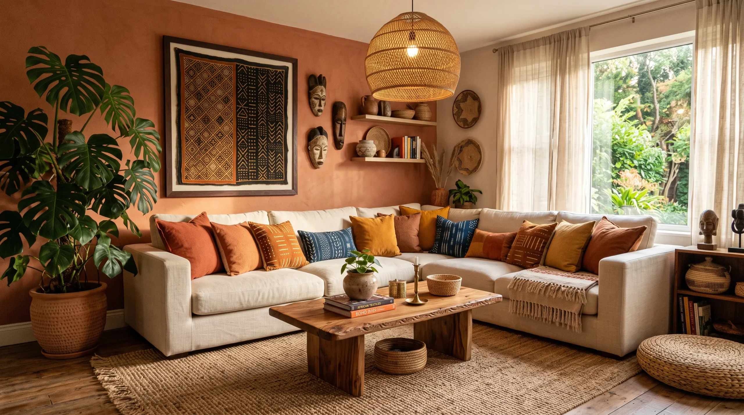 A cozy and warm Afro Boho Living Room with terracotta walls, jute rug, linen sofa, and African textile wall art