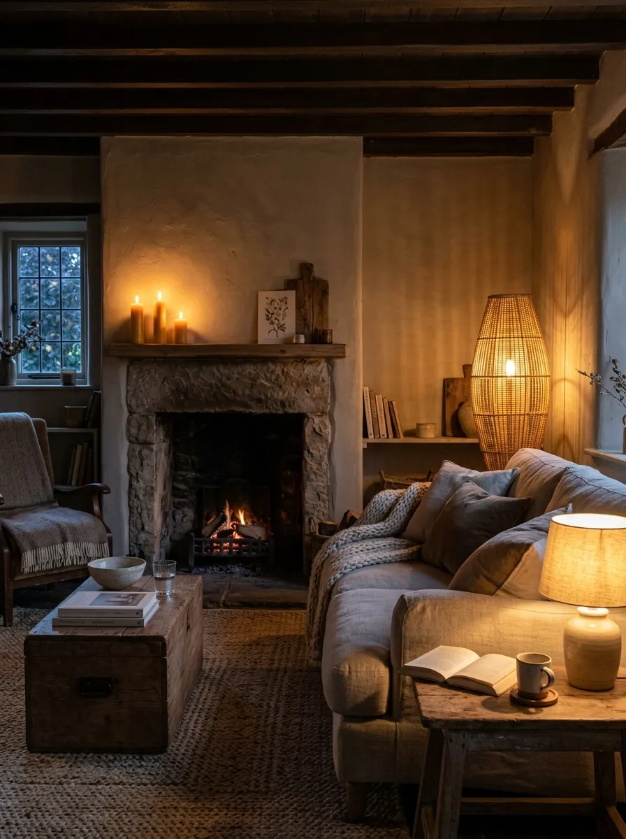 21 Earthy Cottage Decorating Ideas That Transform Your Home Into a Calm and Cozy Retreat 17 Rattan floor lamp and ceramic table lamp creating warm amber ambient lighting in a cozy cottage living room at dusk