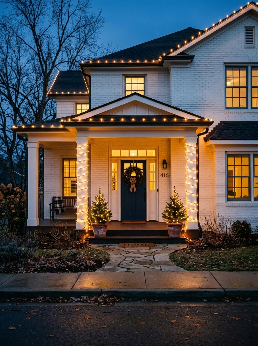 19 Winter Porch Decorating Ideas That Instantly Boost Cozy Curb Appeal All Season Long 6 White brick front porch with warm amber string lights draped along roofline as stunning winter porch decorating ideas