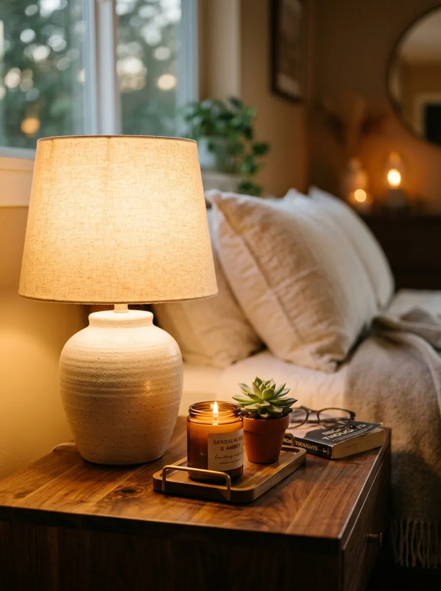 18 Inspiring Guest Bedroom Ideas That Create a Warm, Cozy, and Memorable Stay 2 Warm ceramic table lamp on walnut nightstand creating cozy amber glow in a guest room at night