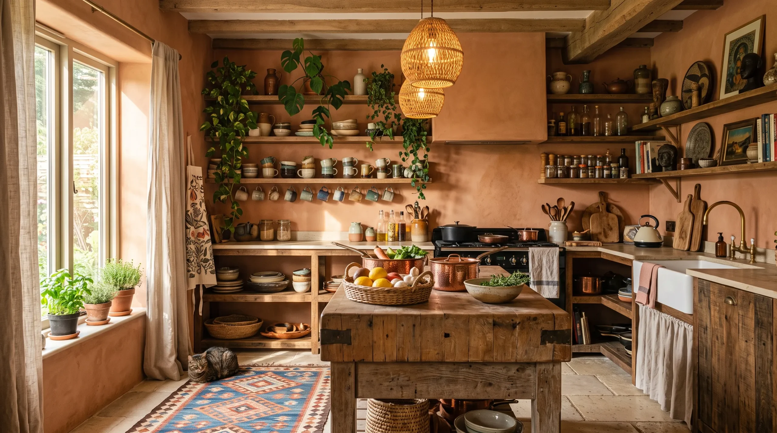 A warm and layered Boho kitchen with terracotta walls, open wooden shelves, rattan pendants, and global ceramic accents