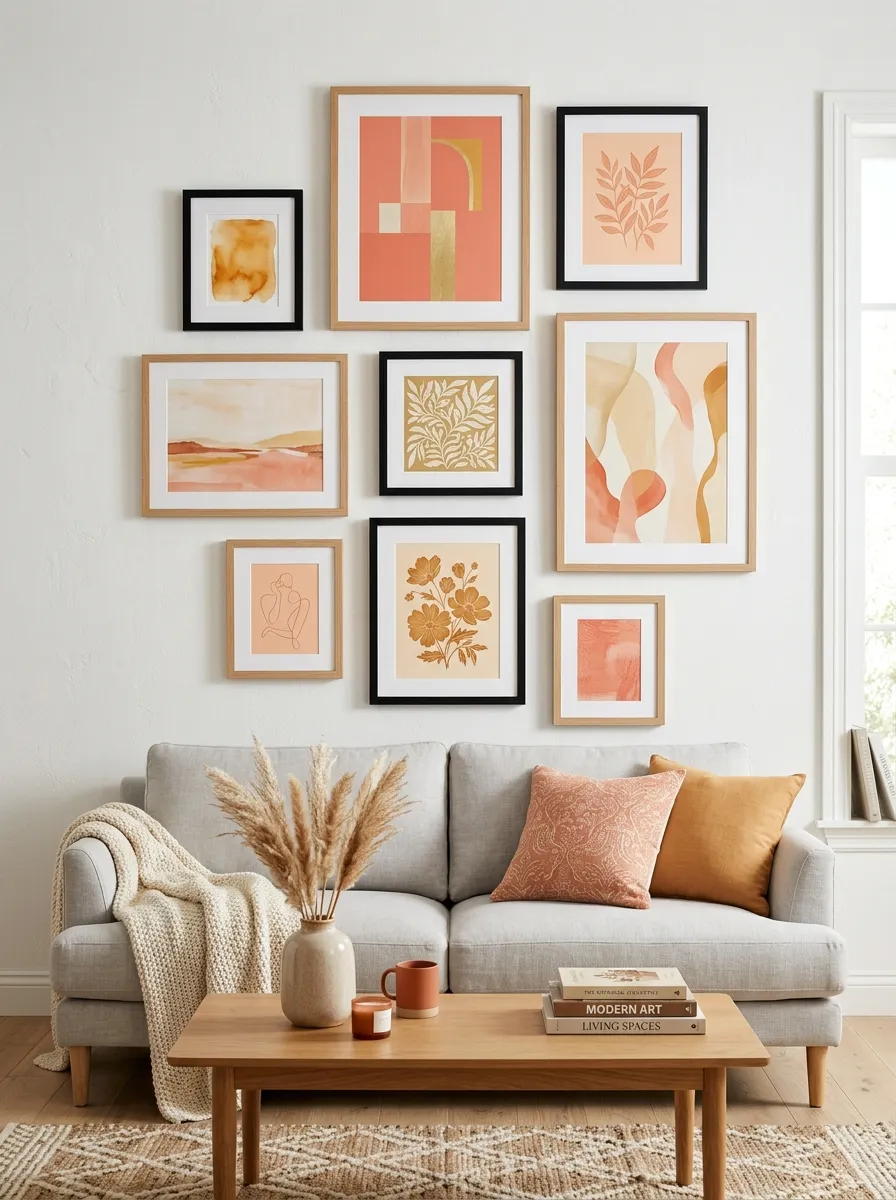 22 Colorful Apartment Decorating Ideas That Make Every Room Feel Bold, Stylish, and Cohesive 5 Colorful gallery wall in warm coral and amber tones with mixed frames above a grey linen sofa in an apartment
