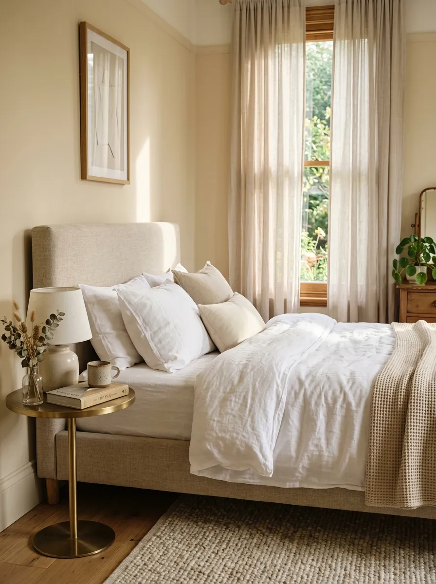 Warm cream painted bedroom walls with linen headboard and natural light in a Nancy Meyers bedroom style
