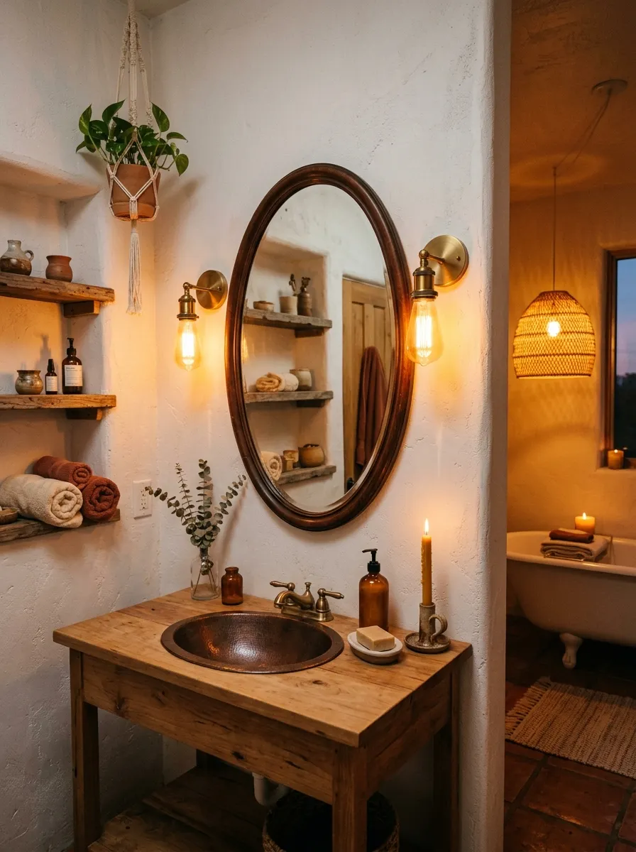 19 Boho Bathroom Ideas That Combine Soft Textures, Natural Details, and Soulful Eclectic Style 7 Warm Edison bulb sconces flanking an oval mirror and a woven pendant shade above the bathtub create a moody intimate Boho bathroom vanity atmosphere.