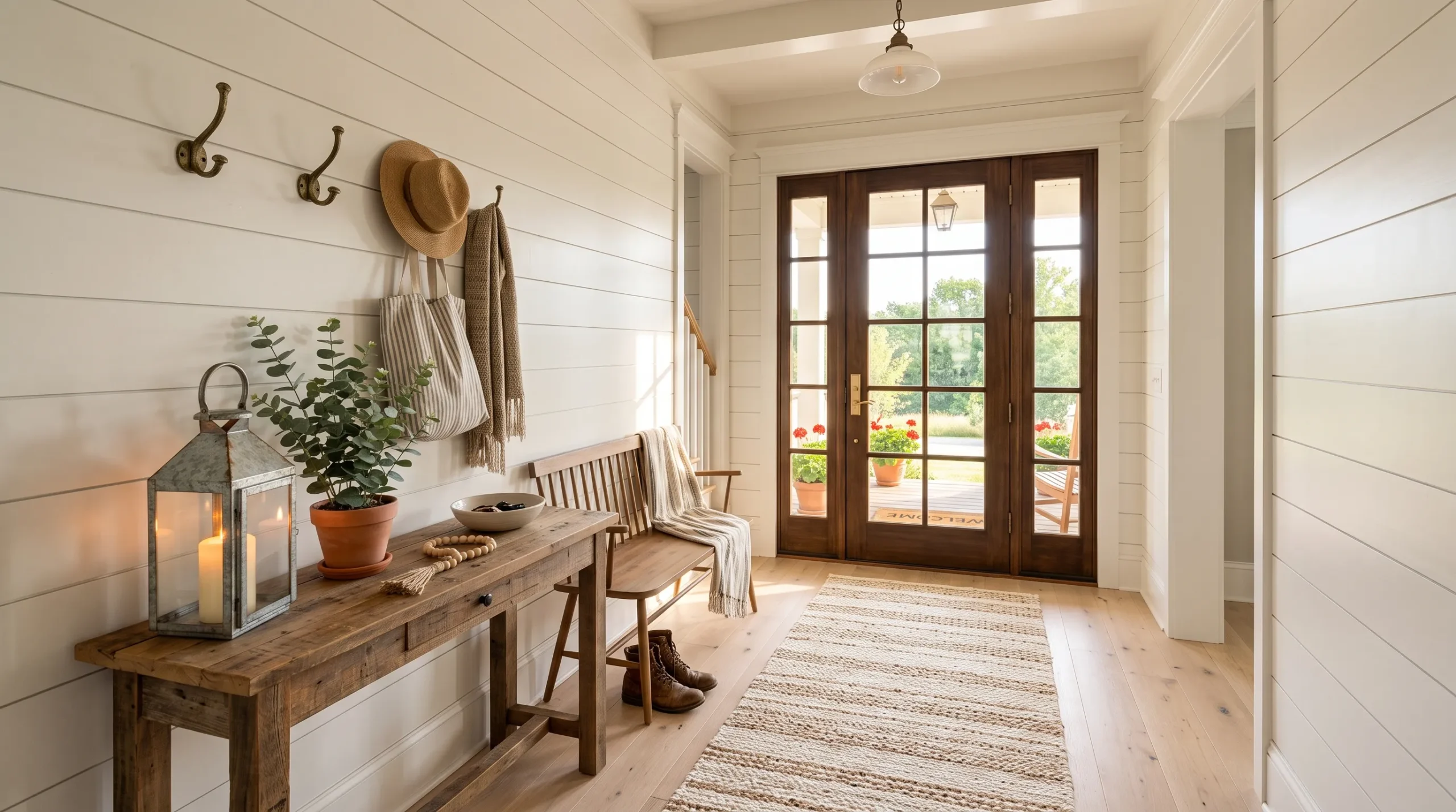 20 Farmhouse Entryway Ideas That Create a Warm, Welcoming First Impression Every Time 2 Bright farmhouse entryway with shiplap walls, wood console table, woven rug, and bronze wall hooks