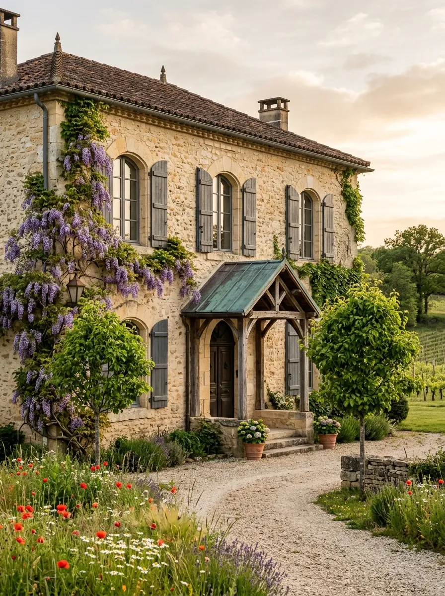 French country farmhouse in warm ivory linen with limestone details and aged shutters, a beautifully rustic choice in curb appeal color schemes for 2026