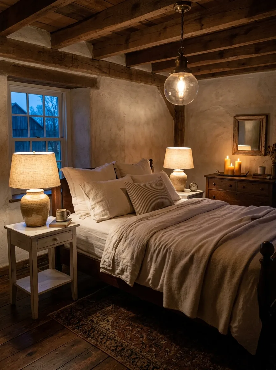 Cozy farmhouse bedroom with layered warm lighting from table lamps, a ceiling pendant, and candles at dusk