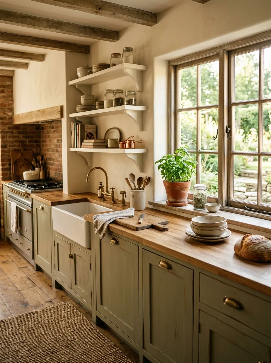 23 Rustic Farmhouse Kitchen Ideas That Use Quiet Design Rules to Create a Timeless Look 5 Soft linen white upper cabinets and muted sage green lowers in a warm rustic farmhouse kitchen with butcher block countertops.