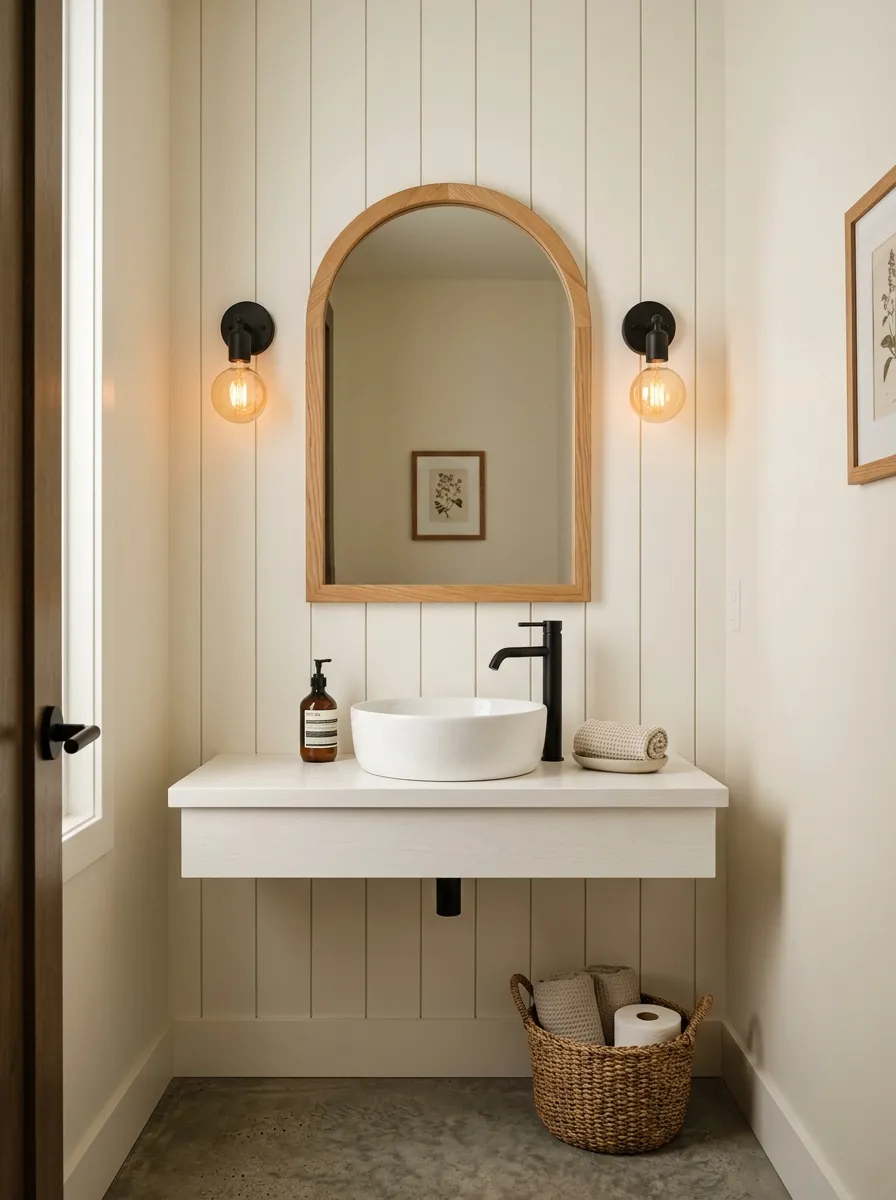 16 Half Bathroom Ideas That Maximize Style, Function, and Impact in a Small Space 1 Minimalist half bathroom with arched oak mirror, white shiplap wall, and floating vanity with warm sconce lighting