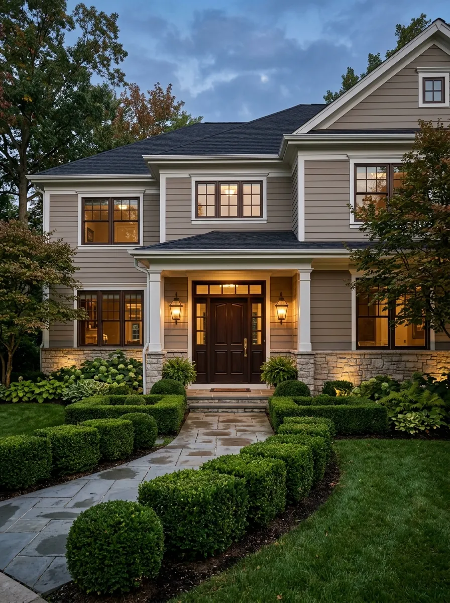 Traditional home in warm mushroom taupe with dark walnut trim and stone accents, a polished choice among house exterior color ideas for 2026