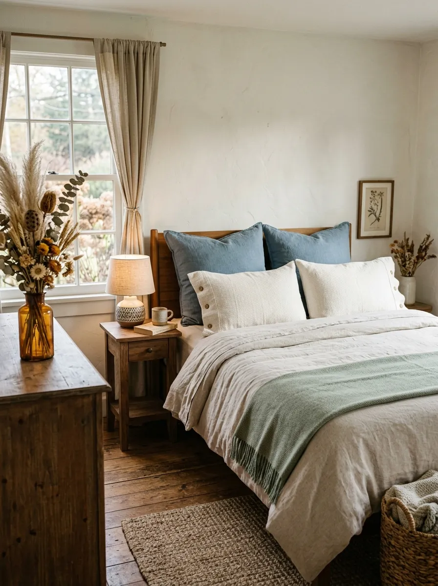 Cozy farmhouse bedroom in warm white with sage green throw, dusty blue pillows, and walnut wood tones in afternoon light
