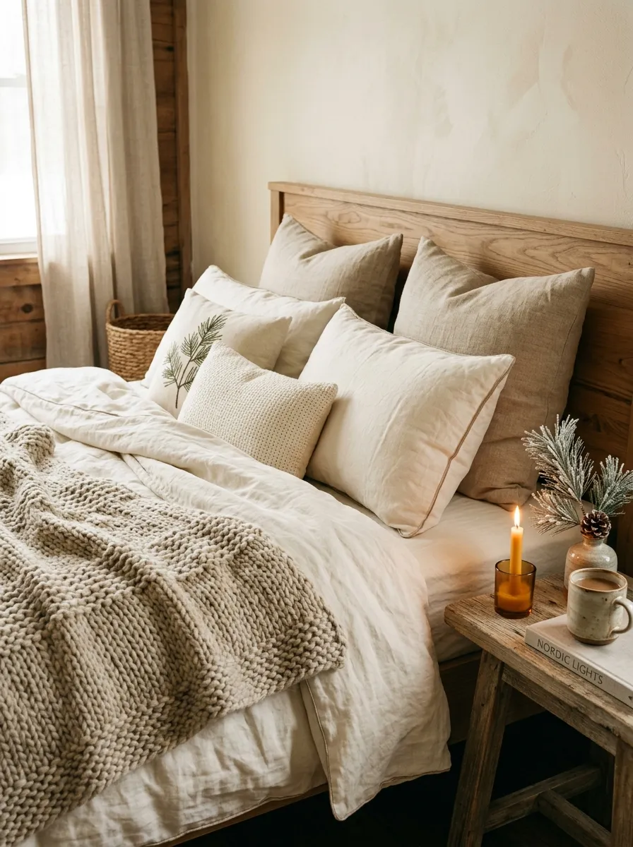 21 Christmas Bedroom Ideas That Make Your Space Feel Magical, Cozy, and Full of Holiday Charm 1 A cozy bedroom with layered neutral linen bedding and Christmas greenery accents for a warm festive bedroom look.