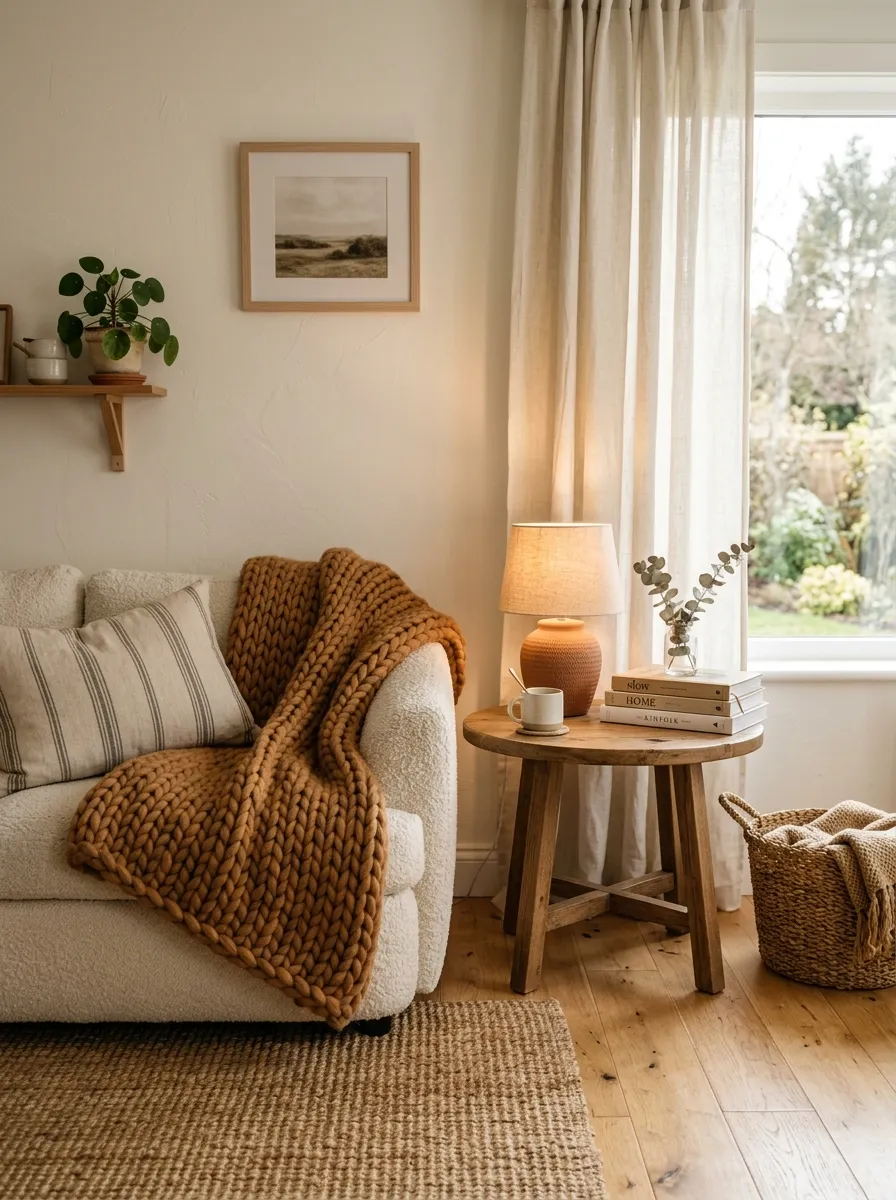 21 Modern Farmhouse Living Room Ideas That Perfectly Balance Texture, Warmth, and Modern Style 1 A cozy farmhouse living room corner featuring an ivory boucle sofa, caramel knit throw, and warm honey jute rug in soft morning light.