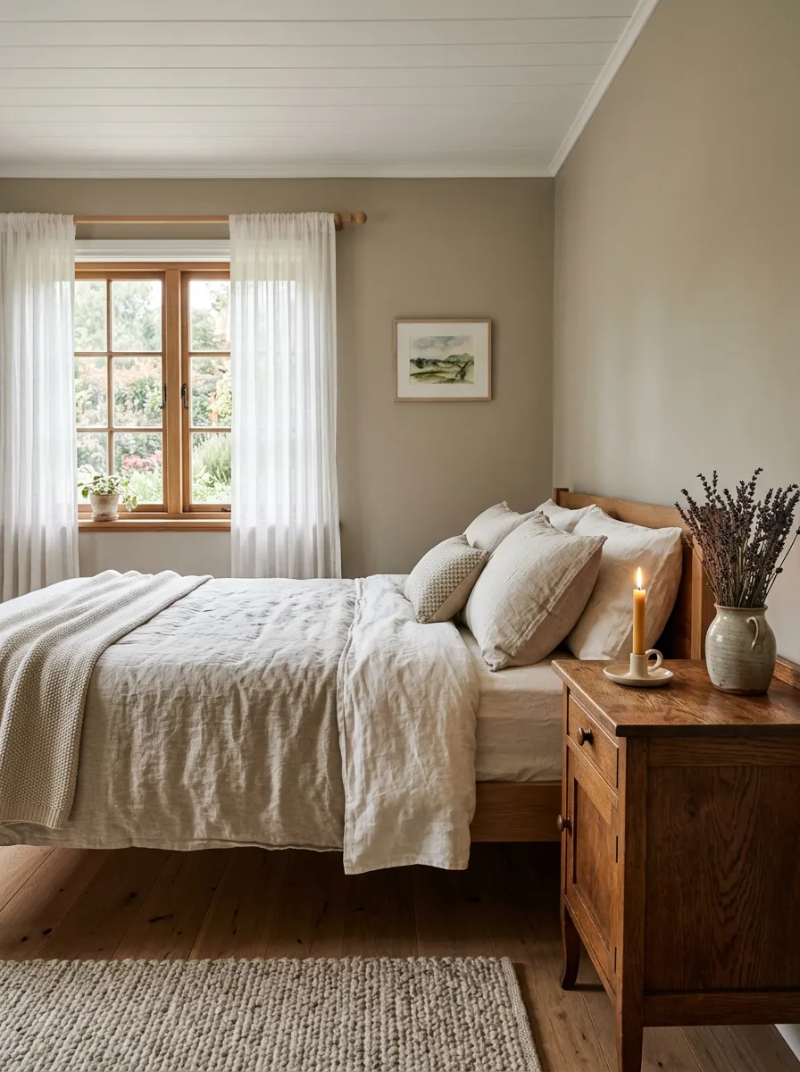 21 Earthy Cottage Decorating Ideas That Transform Your Home Into a Calm and Cozy Retreat 2 Earthy greige bedroom walls with linen bedding and natural wood furniture in a calm cottage interior