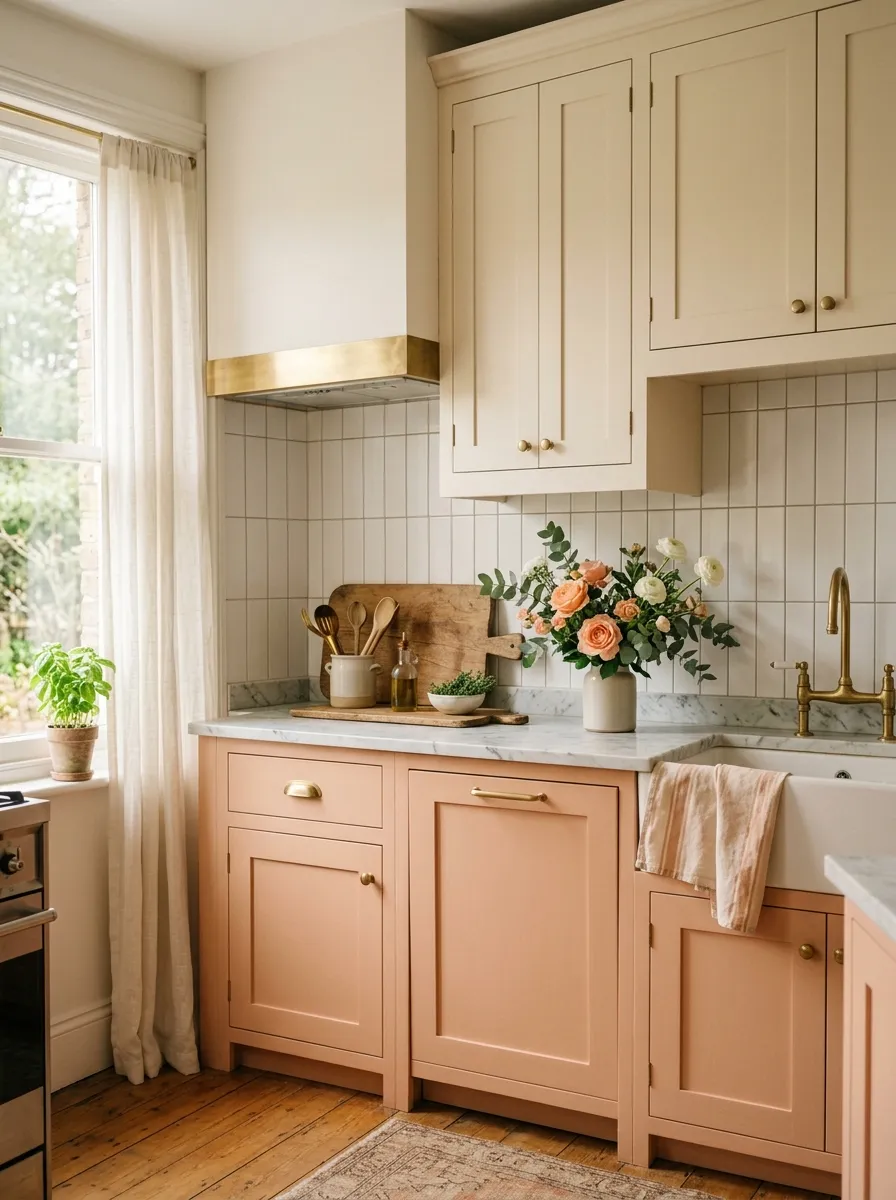Peachy pink shaker cabinets with cream uppers, brushed gold hardware, marble countertop, and fresh flowers in a soft warm kitchen