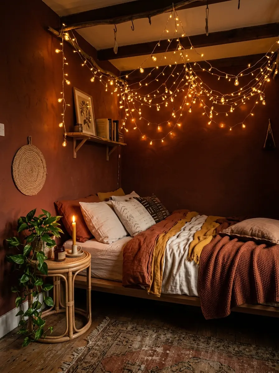 22 Boho Apartment Ideas That Turn Small Spaces Into Soulful, Cozy, and Stylish Sanctuaries 5 A Boho apartment bedroom with warm amber string lights draped in a canopy above the bed with rattan furniture and lit candles.