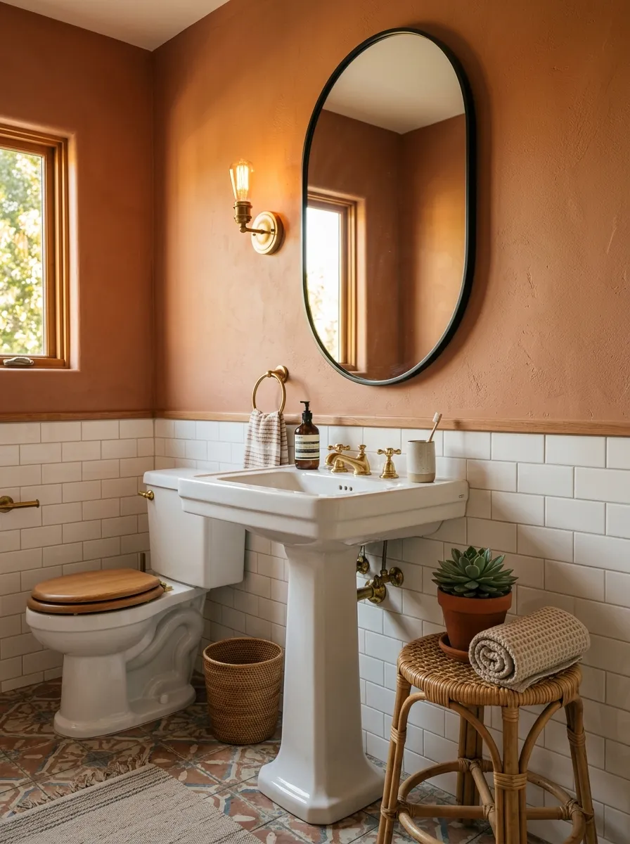 Warm terracotta upper walls with white subway tile wainscoting and brass sconce in a distinctive guest bathroom