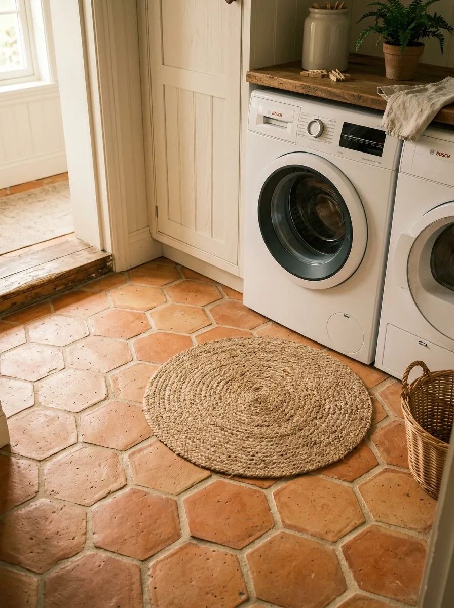 Warm terracotta hexagonal tile floor with woven jute rug in a cozy farmhouse style laundry room with white cabinetry