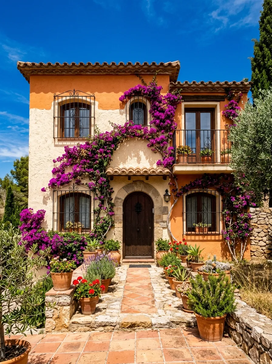 Warm terracotta Mediterranean home exterior with clay tile roof and wrought iron details, a bold choice among home exterior paint colors for 2026