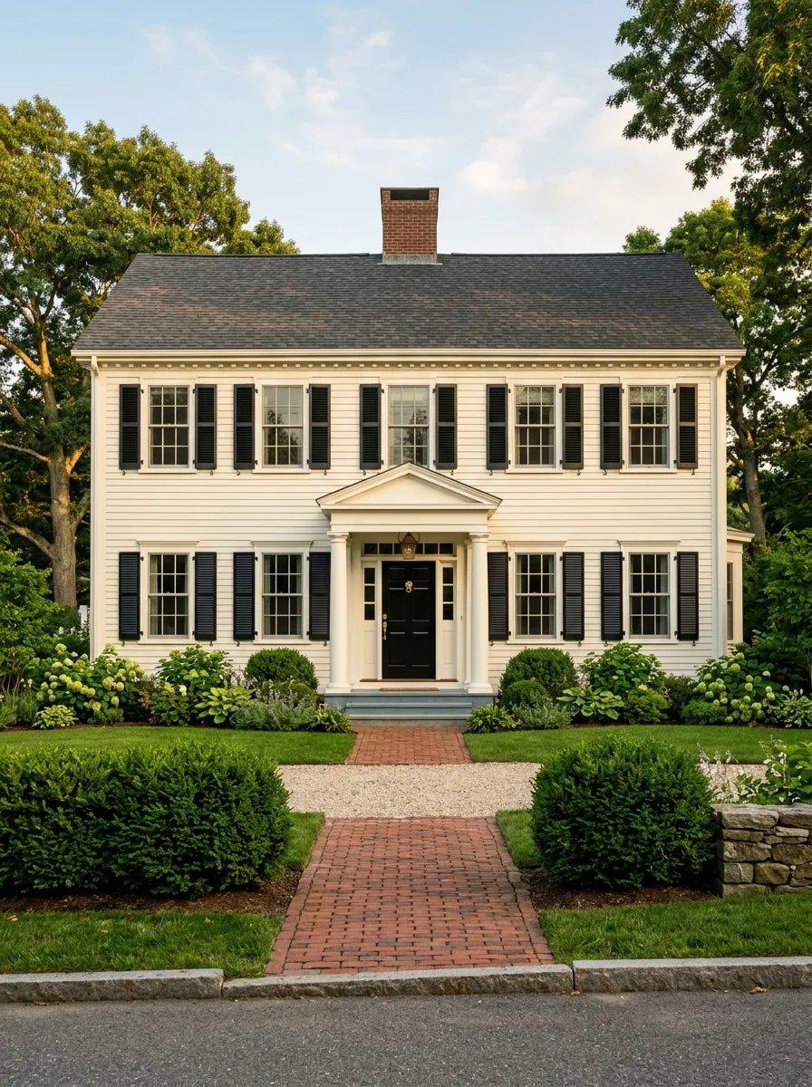 Classic colonial home in warm white with black shutters and brass details, a timeless choice in curb appeal color schemes for 2026