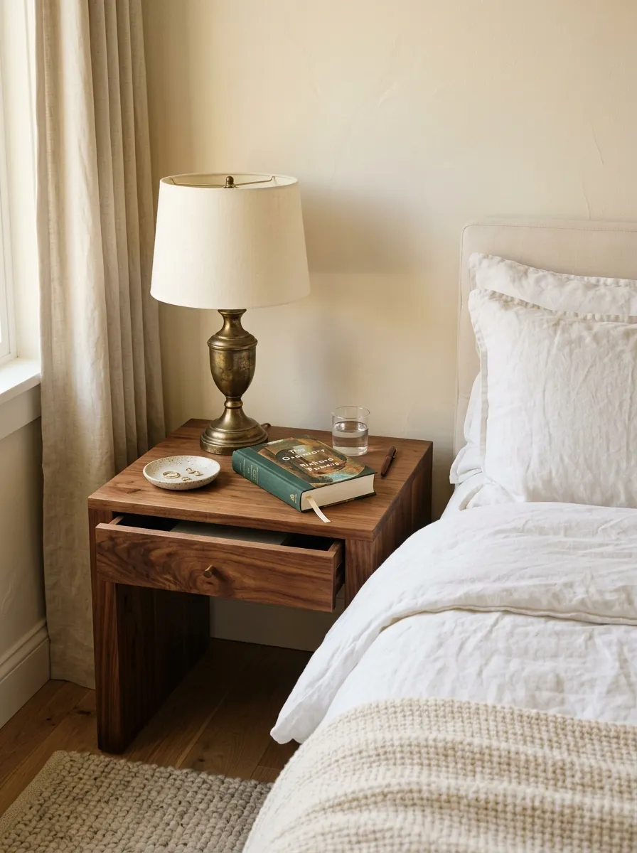 Oak finish wood nightstand with brass lamp and books beside white linen bedding in a Nancy Meyers bedroom style