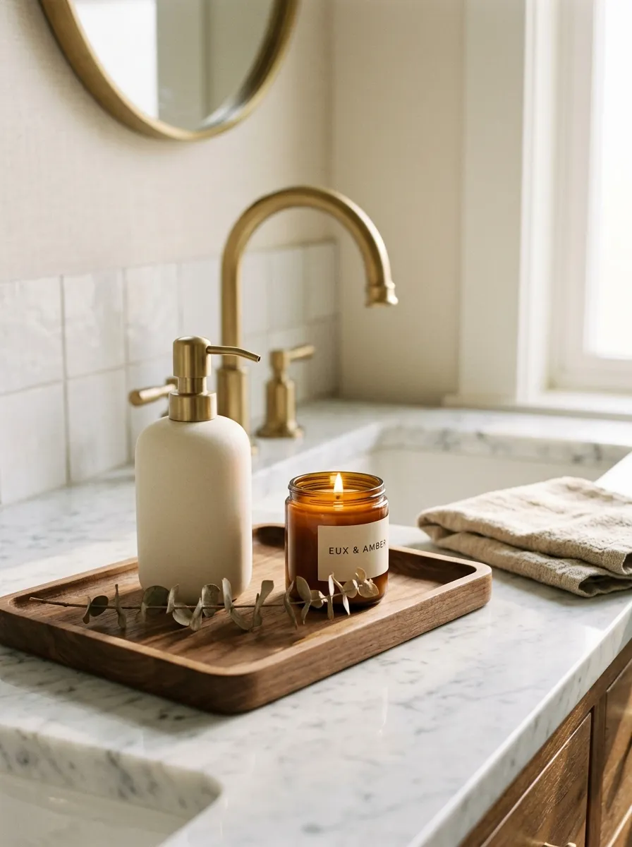 17 Bathroom Counter Styling Ideas for an Instant Aesthetic Glow Up That Looks Expensive 1 Bathroom counter styling with walnut tray, amber candle, soap dispenser, and eucalyptus on white marble