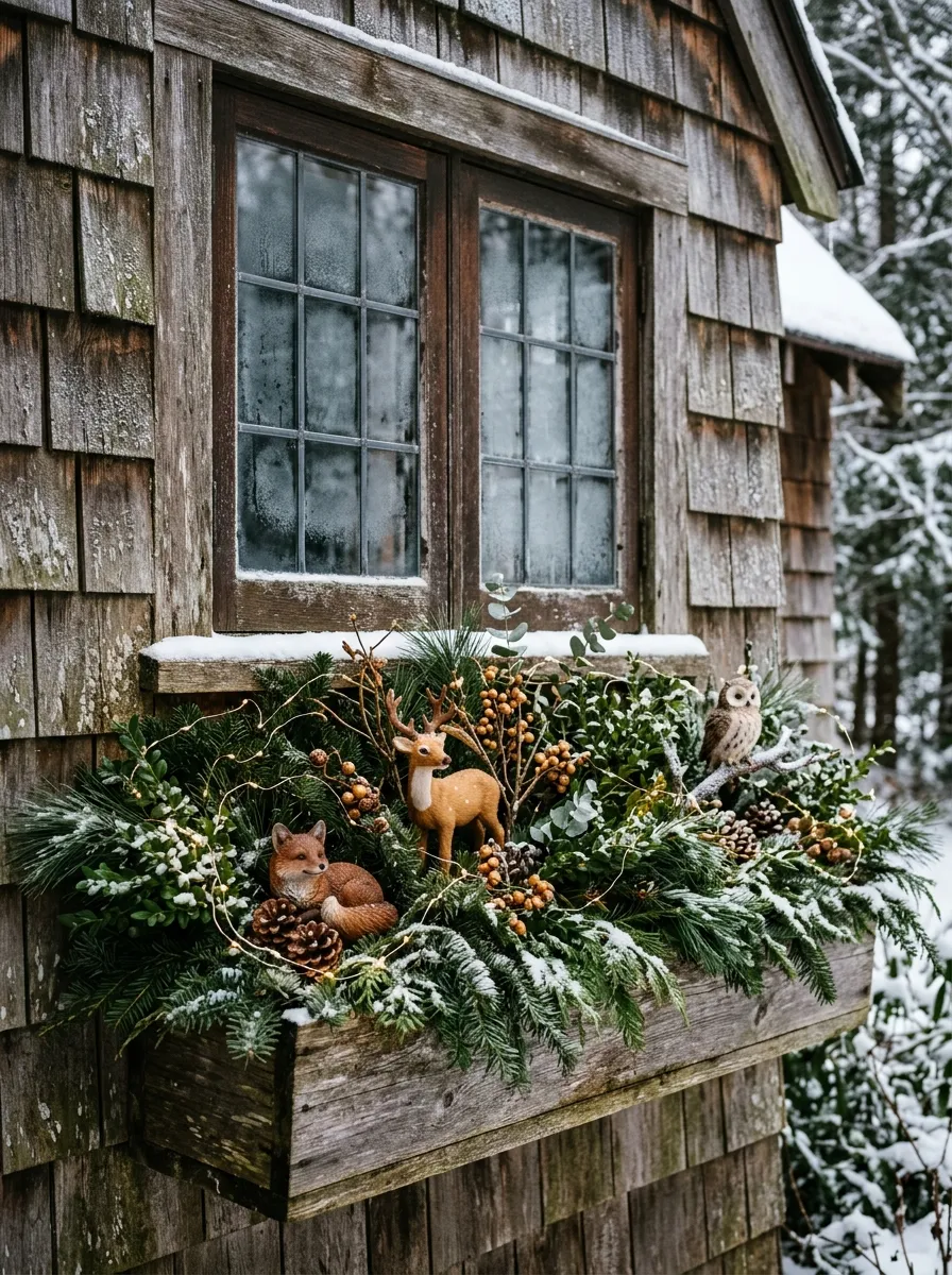 18 Winter Window Box Ideas That Bring Magical Seasonal Charm to Your Home Exterior 11 Enchanting winter window box with resin fox, deer, and owl figurines nestled in pine and boxwood greenery