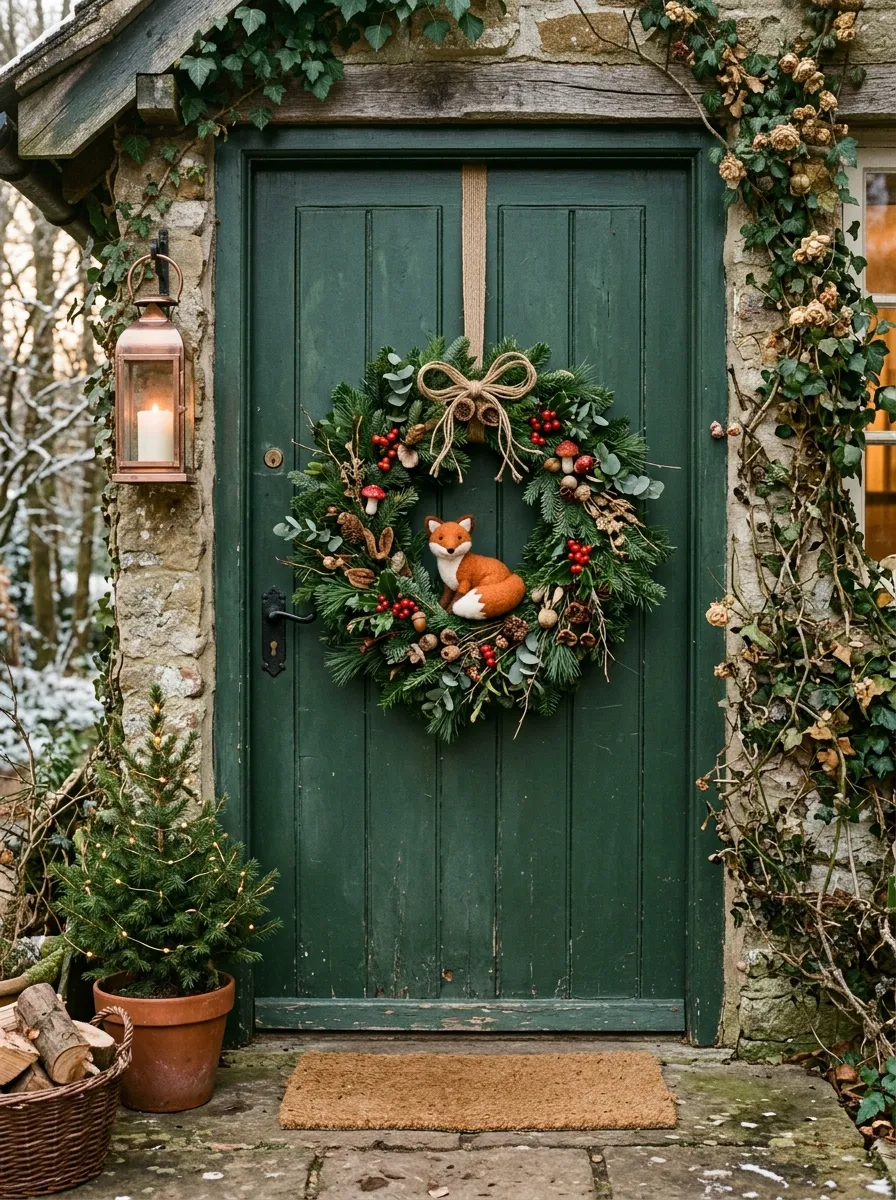 21 Christmas Wreath Ideas That Make Your Front Door the Most Beautiful on the Street 17 A whimsical woodland Christmas wreath with a felt fox, mushrooms, and red berries on a forest green front door
